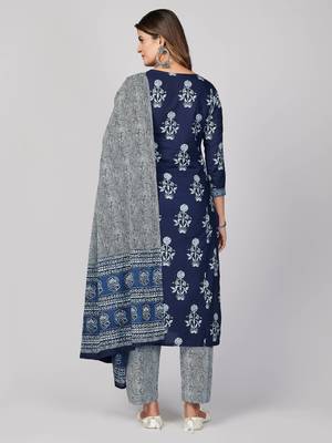 Vbuyz Women's Blue Printed & Embroidered Cotton Straight Kurta Pant With Dupatta 3