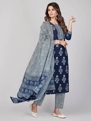 Vbuyz Women's Blue Printed & Embroidered Cotton Straight Kurta Pant With Dupatta 4