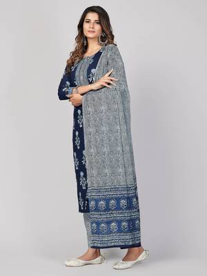 Vbuyz Women's Blue Printed & Embroidered Cotton Straight Kurta Pant With Dupatta 5
