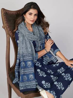 Vbuyz Women's Blue Printed & Embroidered Cotton Straight Kurta Pant With Dupatta 6