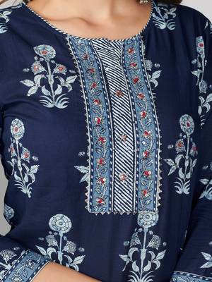Vbuyz Women's Blue Printed & Embroidered Cotton Straight Kurta Pant With Dupatta 7