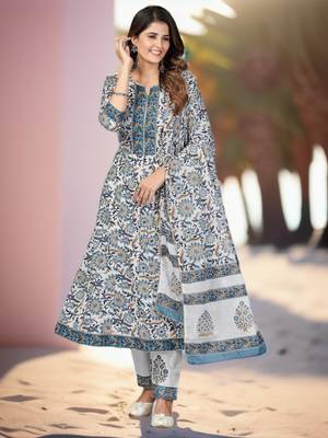 Vbuyz Women's Blue Printed & Sequience Work Cotton Anarkali Kurta Pant With Dupatta 1