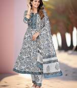 Vbuyz Women's Blue Printed & Sequience Work Cotton Anarkali Kurta Pant With Dupatta