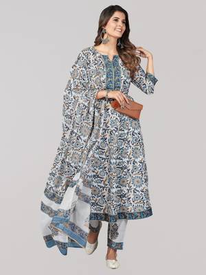 Vbuyz Women's Blue Printed & Sequience Work Cotton Anarkali Kurta Pant With Dupatta 2