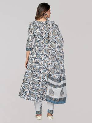 Vbuyz Women's Blue Printed & Sequience Work Cotton Anarkali Kurta Pant With Dupatta 3