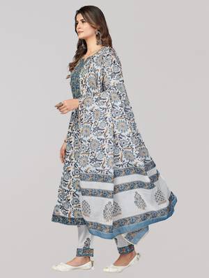 Vbuyz Women's Blue Printed & Sequience Work Cotton Anarkali Kurta Pant With Dupatta 4