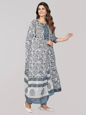 Vbuyz Women's Blue Printed & Sequience Work Cotton Anarkali Kurta Pant With Dupatta 5