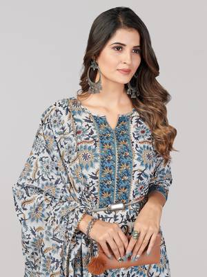 Vbuyz Women's Blue Printed & Sequience Work Cotton Anarkali Kurta Pant With Dupatta 6