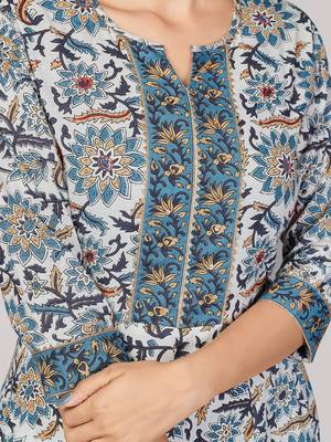 Vbuyz Women's Blue Printed & Sequience Work Cotton Anarkali Kurta Pant With Dupatta 7