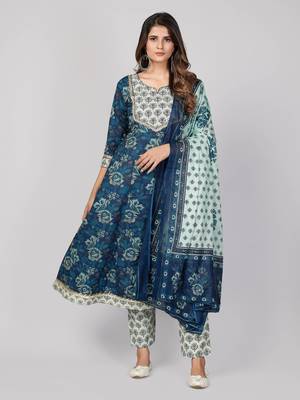 Vbuyz Women's Blue Printed Cotton Anarkali Stitched Kurta Pant With Dupatta 1