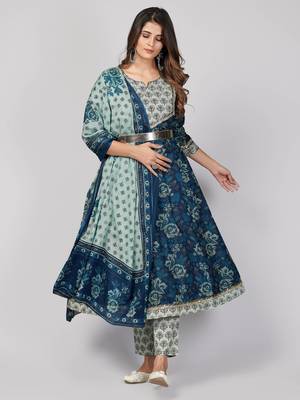 Vbuyz Women's Blue Printed Cotton Anarkali Stitched Kurta Pant With Dupatta 2