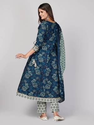 Vbuyz Women's Blue Printed Cotton Anarkali Stitched Kurta Pant With Dupatta 3