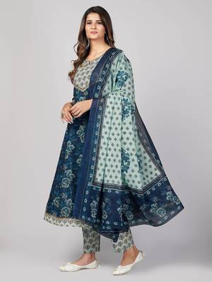 Vbuyz Women's Blue Printed Cotton Anarkali Stitched Kurta Pant With Dupatta 4