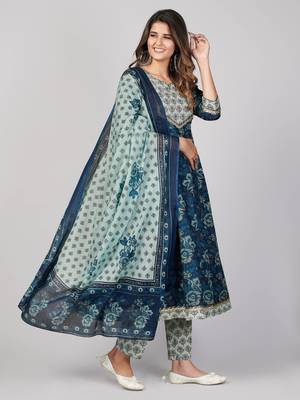 Vbuyz Women's Blue Printed Cotton Anarkali Stitched Kurta Pant With Dupatta 5