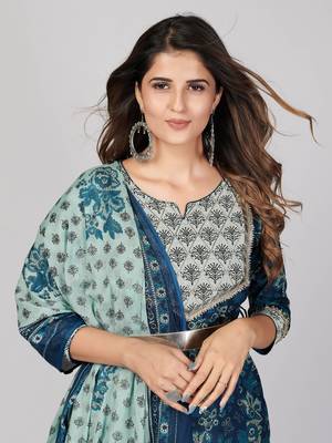 Vbuyz Women's Blue Printed Cotton Anarkali Stitched Kurta Pant With Dupatta 6