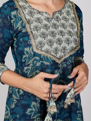 Vbuyz Women's Blue Printed Cotton Anarkali Stitched Kurta Pant With Dupatta 7