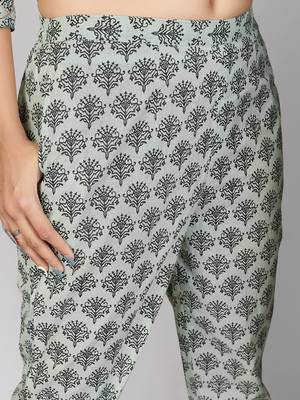 Vbuyz Women's Blue Printed Cotton Anarkali Stitched Kurta Pant With Dupatta 8