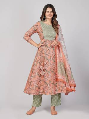 Vbuyz Women's Peach Embroidered Cotton Anarkali Stitched Kurta Pant With Dupatta 1