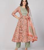 Vbuyz Women's Peach Embroidered Cotton Anarkali Stitched Kurta Pant With Dupatta