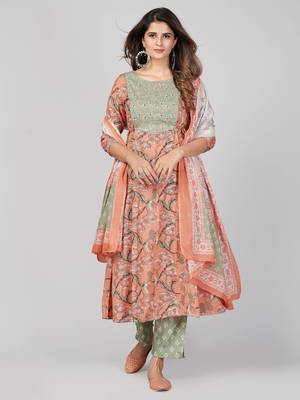 Vbuyz Women's Peach Embroidered Cotton Anarkali Stitched Kurta Pant With Dupatta 2