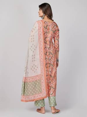 Vbuyz Women's Peach Embroidered Cotton Anarkali Stitched Kurta Pant With Dupatta 3