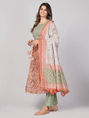 Vbuyz Women's Peach Embroidered Cotton Anarkali Stitched Kurta Pant With Dupatta 4