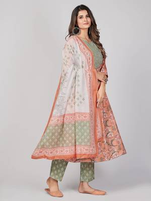 Vbuyz Women's Peach Embroidered Cotton Anarkali Stitched Kurta Pant With Dupatta 5