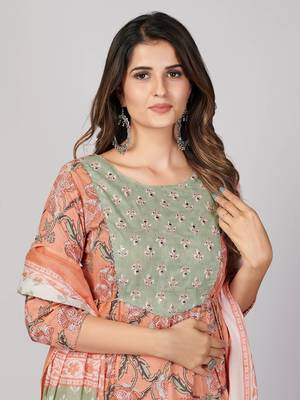 Vbuyz Women's Peach Embroidered Cotton Anarkali Stitched Kurta Pant With Dupatta 6