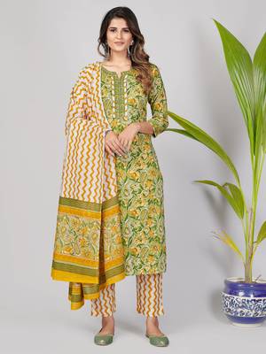 Vbuyz Women's Light Green Sequience Work Cotton Straight Kurta Pant With Dupatta 1