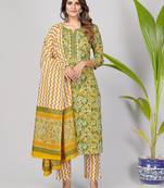 Vbuyz Women's Light Green Sequience Work Cotton Straight Kurta Pant With Dupatta
