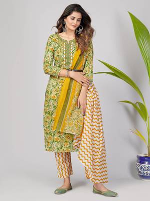 Vbuyz Women's Light Green Sequience Work Cotton Straight Kurta Pant With Dupatta 2