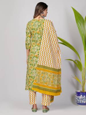 Vbuyz Women's Light Green Sequience Work Cotton Straight Kurta Pant With Dupatta 3