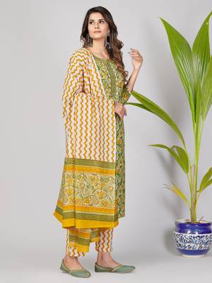 Vbuyz Women's Light Green Sequience Work Cotton Straight Kurta Pant With Dupatta 4