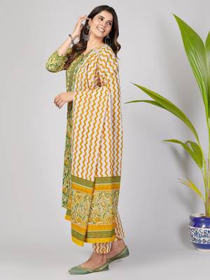 Vbuyz Women's Light Green Sequience Work Cotton Straight Kurta Pant With Dupatta 5
