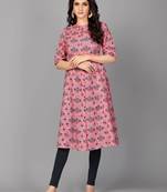 Vbuyz Women's Pink Printed Cotton A-line Stitched Kurta With Multiple Slits.