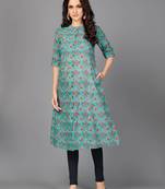 Vbuyz Women's Turquoise Printed Cotton A-line Stitched Kurta With Multiple Slits.+