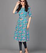 Vbuyz Women's Sky Blue Printed Cotton A-line Stitched Kurta With Multiple Slits.