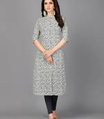 Vbuyz Women's White Printed Cotton A-line Stitched Kurta With Multiple Slits.