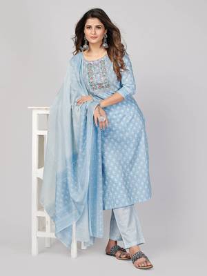 Vbuyz Women's Sky Blue Embroidered Cotton Straight Stiched Kurta Pant With Dupatta Set 2