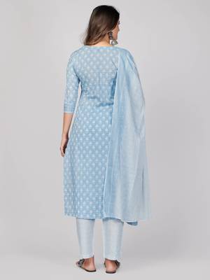 Vbuyz Women's Sky Blue Embroidered Cotton Straight Stiched Kurta Pant With Dupatta Set 4