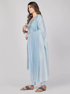 Vbuyz Women's Sky Blue Embroidered Cotton Straight Stiched Kurta Pant With Dupatta Set 5