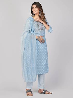 Vbuyz Women's Sky Blue Embroidered Cotton Straight Stiched Kurta Pant With Dupatta Set 6