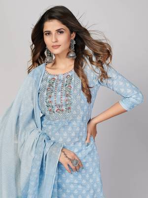 Vbuyz Women's Sky Blue Embroidered Cotton Straight Stiched Kurta Pant With Dupatta Set 7