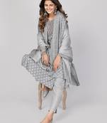 Vbuyz Women's Grey Embroidered Cotton Straight Stiched Kurta Pant With Dupatta Set
