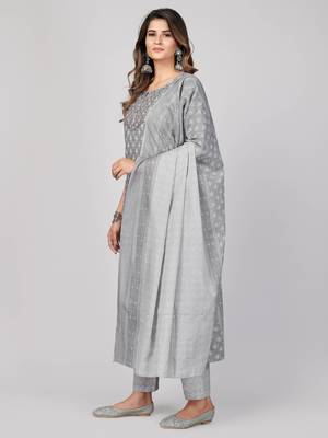 Vbuyz Women's Grey Embroidered Cotton Straight Stiched Kurta Pant With Dupatta Set 4