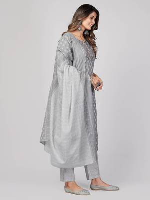 Vbuyz Women's Grey Embroidered Cotton Straight Stiched Kurta Pant With Dupatta Set 5