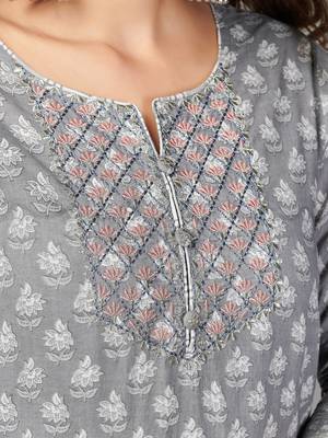 Vbuyz Women's Grey Embroidered Cotton Straight Stiched Kurta Pant With Dupatta Set 7