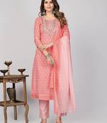 Vbuyz Women's Pink Embroidered Cotton Straight Stiched Kurta Pant With Dupatta Set