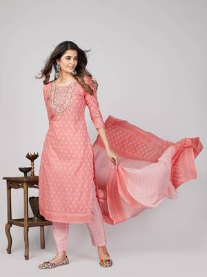 Vbuyz Women's Pink Embroidered Cotton Straight Stiched Kurta Pant With Dupatta Set 2