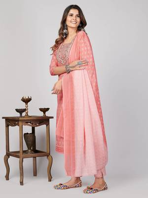 Vbuyz Women's Pink Embroidered Cotton Straight Stiched Kurta Pant With Dupatta Set 5